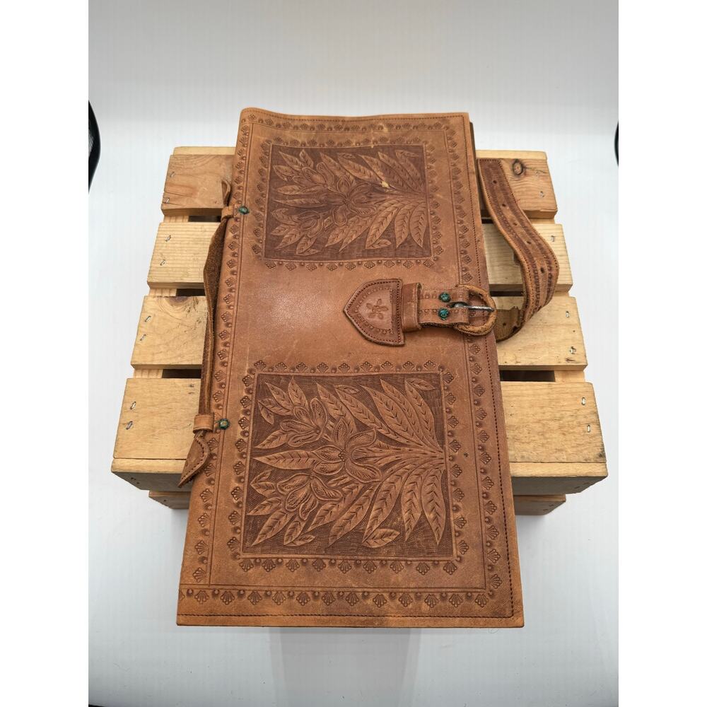Vintage Hand Tooled Leather Portfolio Tooled Floral Document Holder / Briefcase